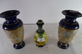 MIXED LOT: PAIR OF ROYAL DOULTON STONEWARE BALUSTER VASES AND A FURTHER SMALL VASE DECORATED WITH