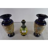 MIXED LOT: PAIR OF ROYAL DOULTON STONEWARE BALUSTER VASES AND A FURTHER SMALL VASE DECORATED WITH