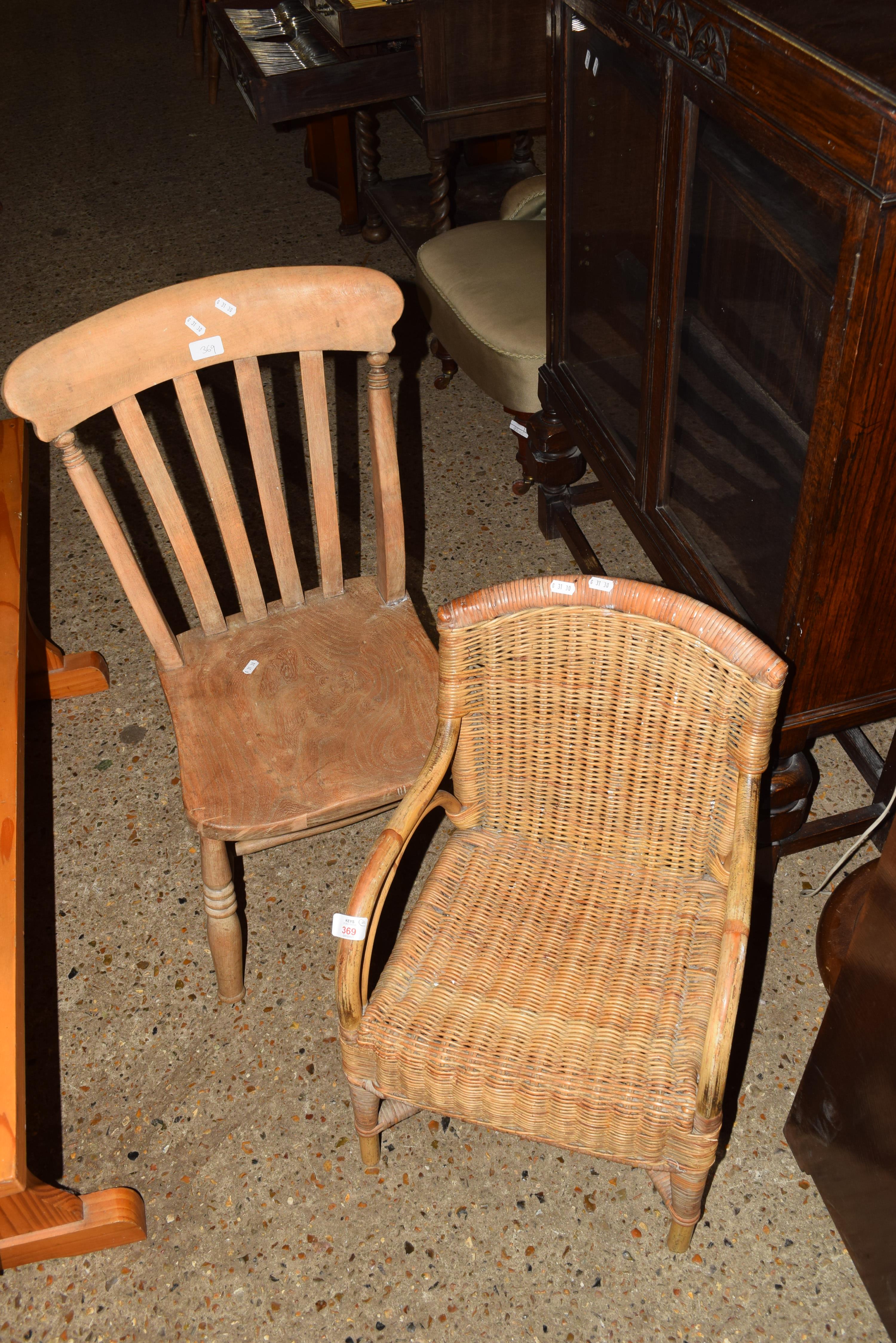 SINGLE ELM SEATED SLAT BACK KITCHEN CHAIR AND A CHILD'S WICKER CHAIR (2)