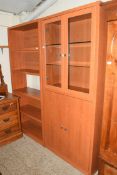 MODERN LIGHT WOOD EFFECT GLAZED DISPLAY CABINET WITH CUPBOARD BASE AND MATCHING BOOKCASE CABINET,