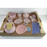 BOX MIXED CERAMICS TO INCLUDE RANGE OF VARIOUS ITALIAN PINK GLAZED JARDINIERES, MODEL DOVES, HAT PIN