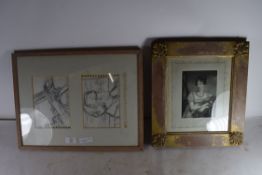 MIXED LOT: FRAMED GROUP OF FOUR PENCIL STUDIES, FIGURE DRIVING, TOGETHER WITH A 19TH CENTURY