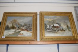 LATE 19TH/EARLY 20TH CENTURY BRITISH SCHOOL, NAÏVE STUDIES OF VILLAGE WINTER SCENES WITH TWO FIGURES