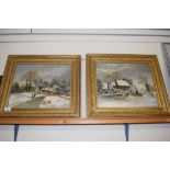 LATE 19TH/EARLY 20TH CENTURY BRITISH SCHOOL, NAÏVE STUDIES OF VILLAGE WINTER SCENES WITH TWO FIGURES