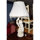 TABLE LAMP, THE PLASTER FINISH BASE FORMED AS A CHERUB, COMPLETE WITH SHADE