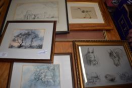 MIXED LOT: PICTURES TO INCLUDE GWYN JONES STUDY OF ST BENET'S ABBEY, PLUS FURTHER STUDY OF A GREY