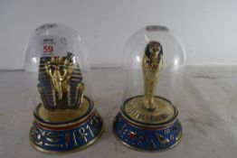 TWO MODERN EGYPTIAN FIGURES UNDER GLASS DOMES