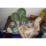 BOX OF MIXED WARES TO INCLUDE LARGE CABBAGE FORMED HORS D'OEUVRES DISH, DOULTON LAMBETH HARVEST JUG,