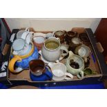 BOX OF MIXED CERAMICS TO INCLUDE RANGE OF JUGS, THE FRIARS AYLESFORD STUDIO POTTERY CUPS AND SAUCERS