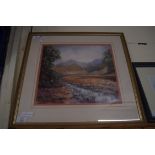 FRAMED PASTEL SIGNED JO WATERS, TITLED VERSO MOUNTAIN STREAM, APPROX 30 X 33CM