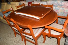 REPRODUCTION YEW WOOD TWIN PEDESTAL DINING TABLE AND SIX CHAIRS, TABLE 155CM WIDE