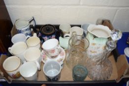 BOX OF MIXED CERAMICS AND GLASS TO INCLUDE RANGE OF ROYAL CORONATION MUGS, COLCLOUGH FLORAL