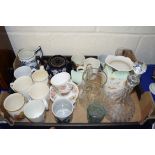 BOX OF MIXED CERAMICS AND GLASS TO INCLUDE RANGE OF ROYAL CORONATION MUGS, COLCLOUGH FLORAL