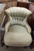 LATE VICTORIAN BUTTONED UPHOLSTERED NURSING CHAIR ON SHORT TURNED LEGS, 60CM WIDE