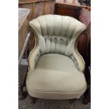 LATE VICTORIAN BUTTONED UPHOLSTERED NURSING CHAIR ON SHORT TURNED LEGS, 60CM WIDE