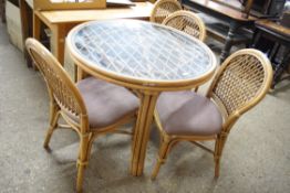 BAMBOO FRAMED CIRCULAR TABLE AND FOUR ACCOMPANYING CHAIRS, TABLE 97CM DIAM