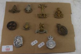 COLLECTION VARIOUS MILITARY BADGES INCLUDING FIRST AID NURSING YEOMANRY, THE ROYAL SUSSEX REGT,