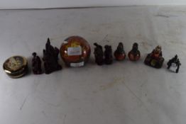 MIXED LOT: CAITHNESS PAPERWEIGHT, ORIENTAL RESIN FIGURES, SMALL MODERN POLISHED STONE MOUNTED DOGS