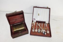 CASE OF SILVER PLATED TEA SPOONS AND A GRADUATED SET OF ORIENTAL TRINKET BOXES