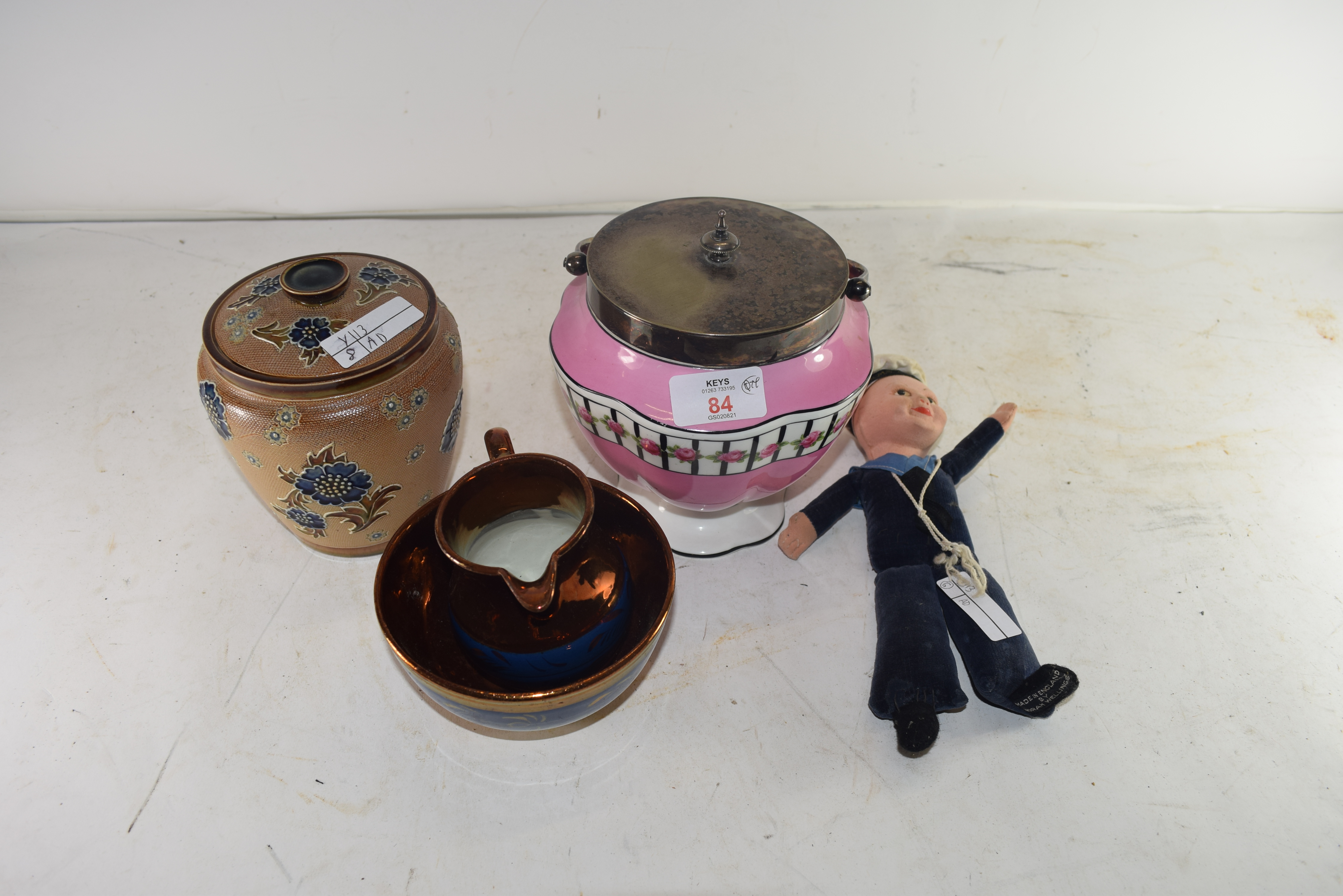 MIXED LOT: NORA WELLINGS TYPE SAILOR DOLL, COPPER LUSTRE JUG AND SUGAR BASIN, DOULTON SLATERS