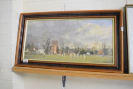 COLOURED TEXTURED PRINT, CRICKET SCENE, 58 X 27CM, FRAMED