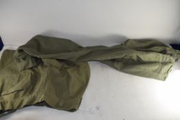 PAIR OF VINTAGE MILITARY ISSUE GREEN SHORTS AND FURTHER SIMILAR TROUSERS