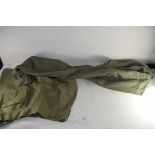 PAIR OF VINTAGE MILITARY ISSUE GREEN SHORTS AND FURTHER SIMILAR TROUSERS