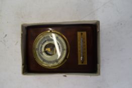 SMALL WOOD MOUNTED ANEROID BAROMETER AND THERMOMETER COMBINATION