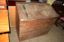 LARGE PINE STORE BOX WITH IRON HINGES AND SLOPED FRONT