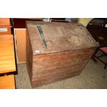LARGE PINE STORE BOX WITH IRON HINGES AND SLOPED FRONT