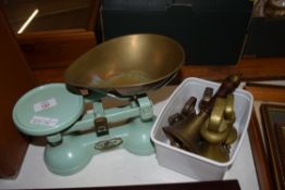 VINTAGE THORNTON & CO SCALES TOGETHER WITH GRADUATED BRASS WEIGHTS AND A BELL