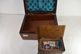 MIXED LOT: WALNUT VENEERED VICTORIAN SEWING BOX AND A MUSICAL BOX (BOTH A/F)