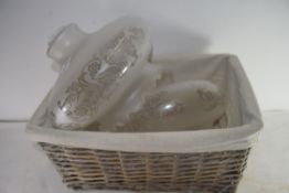 MIXED LOT: TWO FROSTED GLASS LIGHT SHADES AND A WICKER BASKET