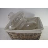 MIXED LOT: TWO FROSTED GLASS LIGHT SHADES AND A WICKER BASKET