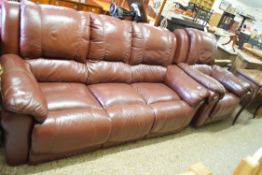 BROWN LEATHER THREE SEATER SOFA AND ACCOMPANYING RECLINER CHAIR