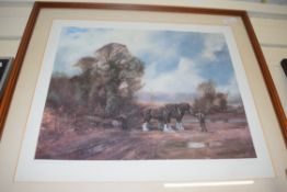 JOHN TRICKETT, COLOURED PRINT, HEAVY HORSES MOVING A TREE TRUNK, LTD ED 317/850, IMAGE SIZE 47 X