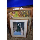 MIXED LOT OF PICTURES TO INCLUDE OIL ON CANVAS STUDY OF A CAT, NEEDLEWORK PICTURE OF A KINGFISHER