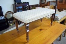 LATE VICTORIAN FLORAL UPHOLSTERED STOOL FOR SMALL WINDOW SEAT, RAISED ON TURNED LEGS, 80CM WIDE