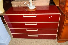 MODERN LIGHT WOOD AND RED GLASS FINISH FOUR DRAWER CHEST, 119CM WIDE