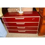 MODERN LIGHT WOOD AND RED GLASS FINISH FOUR DRAWER CHEST, 119CM WIDE