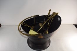 BRASS HANDLED COAL BUCKET CONTAINING FIRE TOOLS