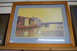 LEN HOLMES, WHITBY EVENING, OIL ON BOARD, FRAMED AND GLAZED, 35CM WIDE