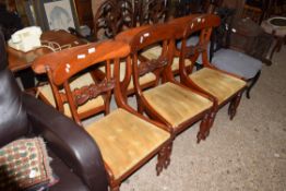 SET OF SIX VICTORIAN MAHOGANY BALLOON BACK DINING CHAIRS WITH PUSH OUT SEATS, RAISED ON TURNED LEGS