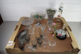 BOX OF MIXED WARES, GALILEO THERMOMETER, DRINKING GLASSES, TAZZA ETC