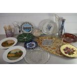 BOX VARIOUS DECORATED PLATES, GLASS VASES ETC