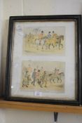 TWO COLOURED HUNTING PRINTS IN ONE FRAME "THE RIVALS" "THE MEETING" AND "THE PARTING", AFTER
