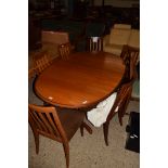 RETRO G-PLAN TEAK FINISH OVAL EXTENDING DINING TABLE AND SIX ACCOMPANYING CHAIRS, TABLE 162CM WIDE