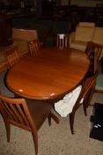 RETRO G-PLAN TEAK FINISH OVAL EXTENDING DINING TABLE AND SIX ACCOMPANYING CHAIRS, TABLE 162CM WIDE