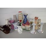 MIXED LOT: VARIOUS VASES, RINGTONS TEA CADDY, FLORAL DECORATED CANDLESTICKS ETC