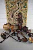 BOX OF ETHNIC CARVINGS, ABORIGINAL WALL HANGING AND OTHER MIXED WARES